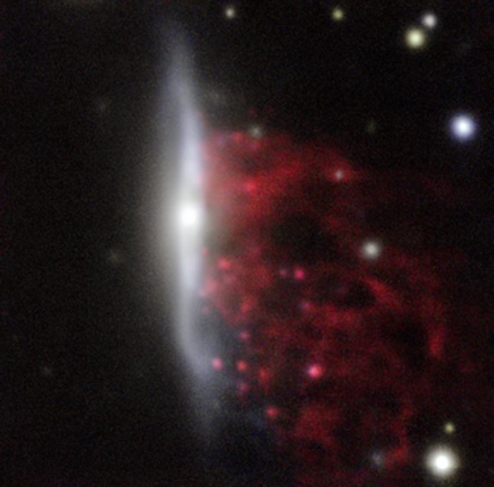Questa fotografia di una delle galassie, chiamata JW100, ottenuta con llo strumento MUSE installato sul VLT dell'ESO in Cile, mostra chiaramente come la materia stia scorrendo fuori dalla galassia in lunghi tentacoli. Il rosso mostra la luce prodotta dall'idrogeno gassoso ionizzato, mentre le regioni bianche mostrano dove si trovano le stelle all'interno della galassia.