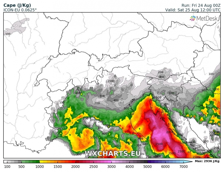 previsioni meteo maltempo nord italia 25 agosto CAPE 3