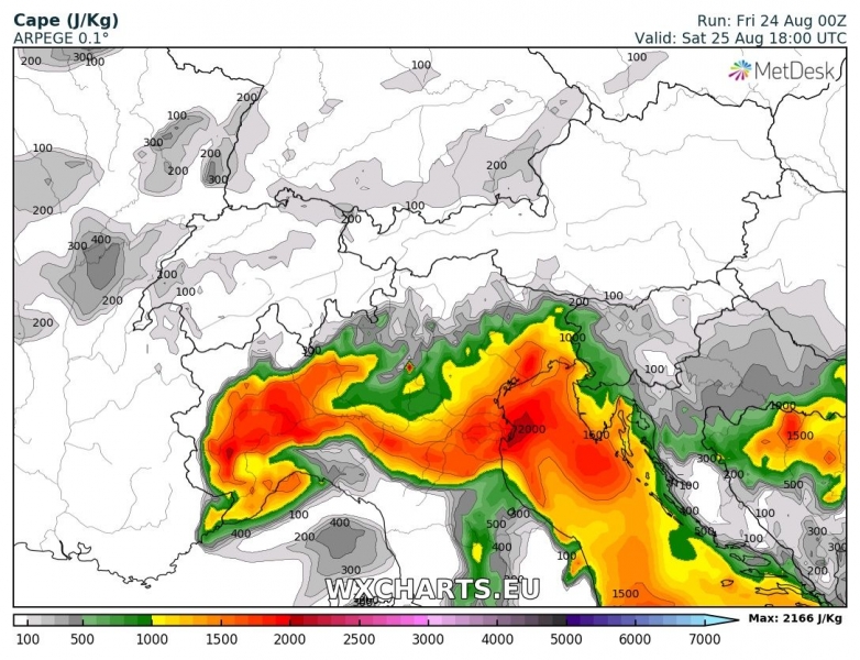 previsioni meteo maltempo nord italia 25 agosto CAPE