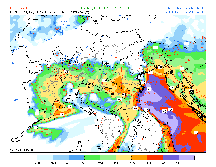previsioni meteo maltempo nord italia 31 agosto CAPE