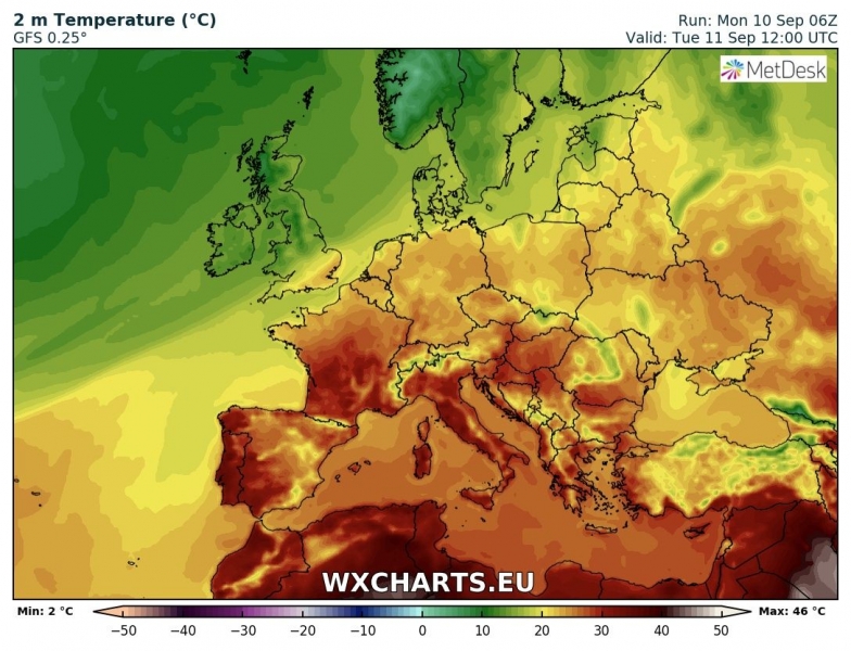 caldo europa temperature 11 settembre