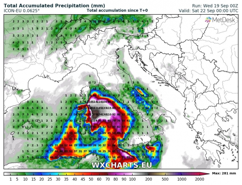 previsioni meteo uragano mediterraneo precipitazioni totali 22 settembre