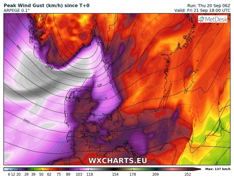 tempesta di vento scandinavia 21 settembre venti massimi