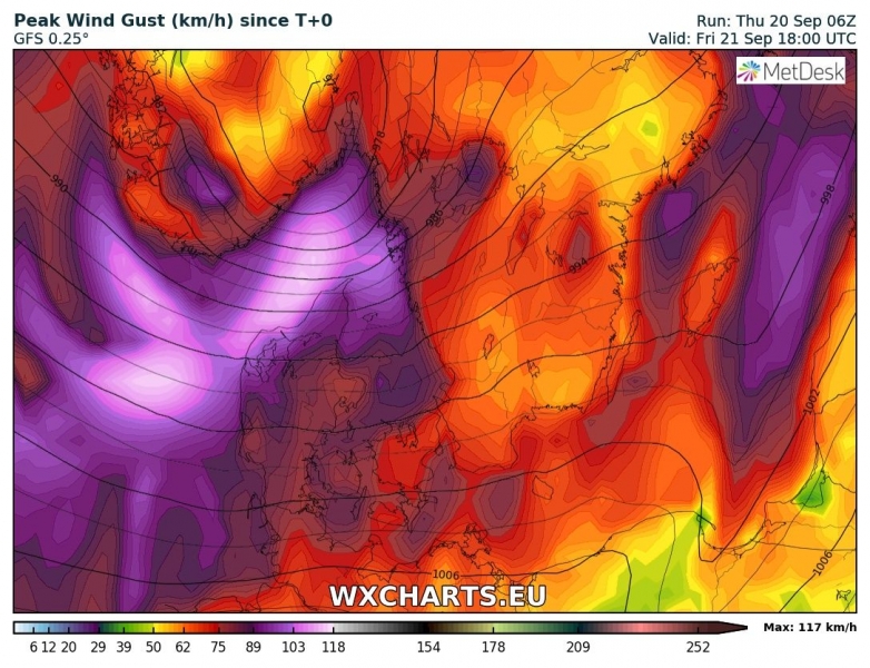 tempesta di vento scandinavia 21 settembre venti massimi