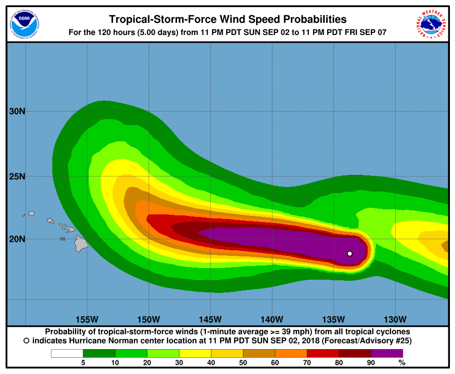 uragano norman hawaii velocità vento
