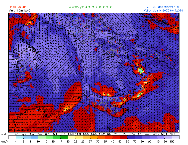 maltempo italia 29 ottobre venti