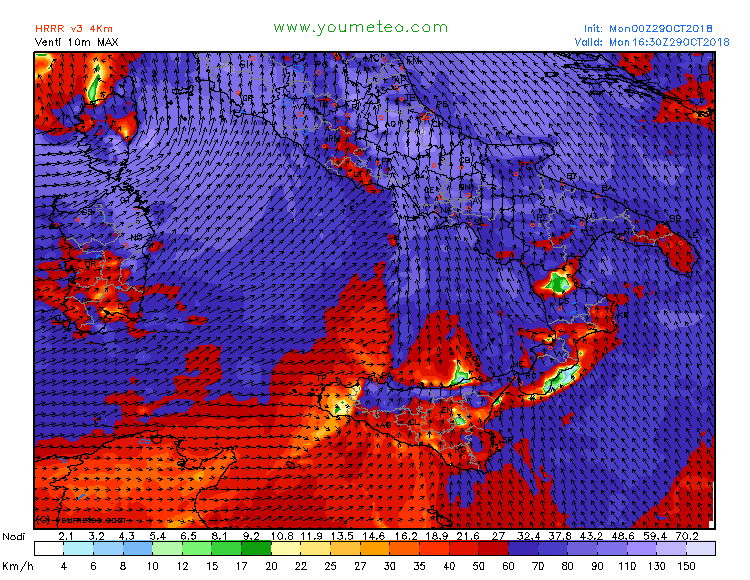 maltempo italia 29 ottobre venti