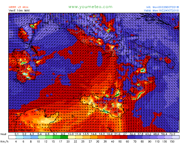 maltempo italia 29 ottobre venti