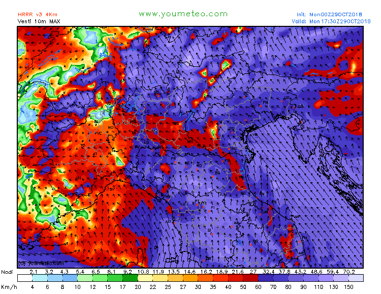 maltempo italia 29 ottobre venti