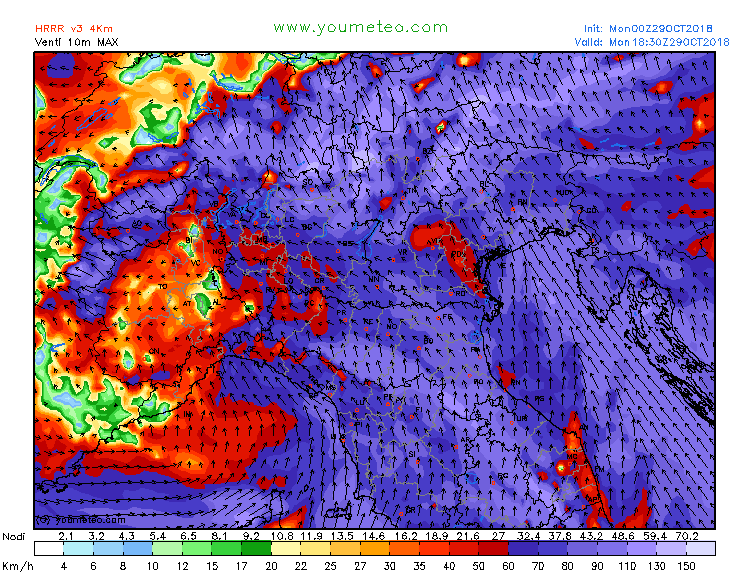maltempo italia 29 ottobre venti