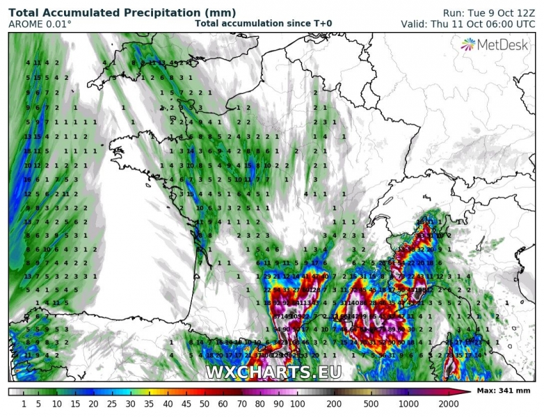 maltempo precipitazioni totali spagna francia italia 11 ottobre