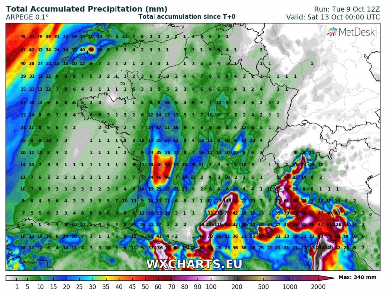 maltempo precipitazioni totali spagna francia italia 13 ottobre