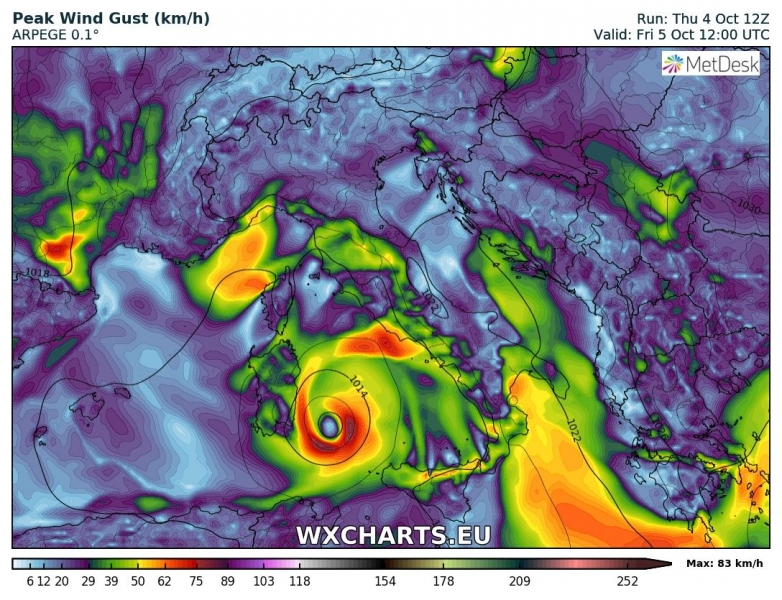 medicane tirreno 5 ottobre venti massimi