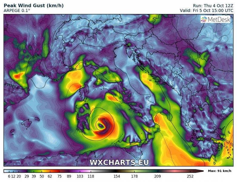 medicane tirreno 5 ottobre venti massimi