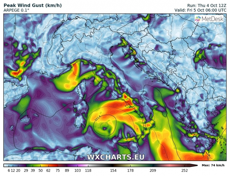 medicane tirreno 5 ottobre venti massimi