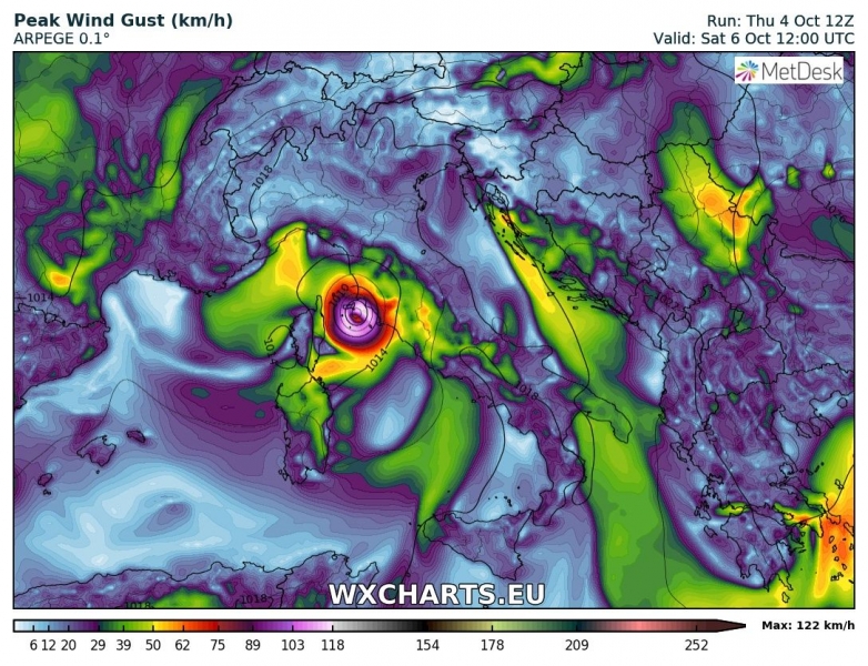 medicane tirreno 6 ottobre venti massimi