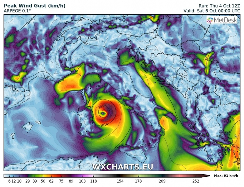 medicane tirreno 6 ottobre venti massimi
