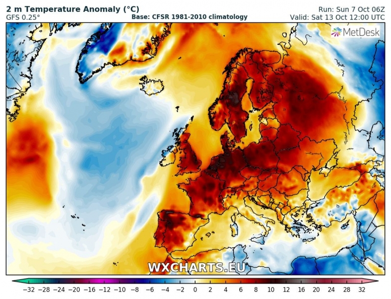 previsioni meteo caldo europa 13 ottobre anomalia termica