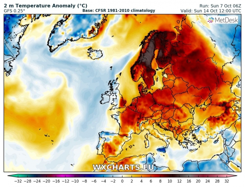 previsioni meteo caldo europa 14 ottobre anomalia termica