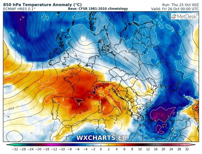 previsioni meteo europa 26 ottobre anomalia termica