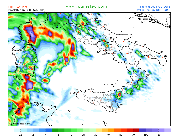 previsioni meteo mediterraneo 18 ottobre precipitazioni sardegna sud italia