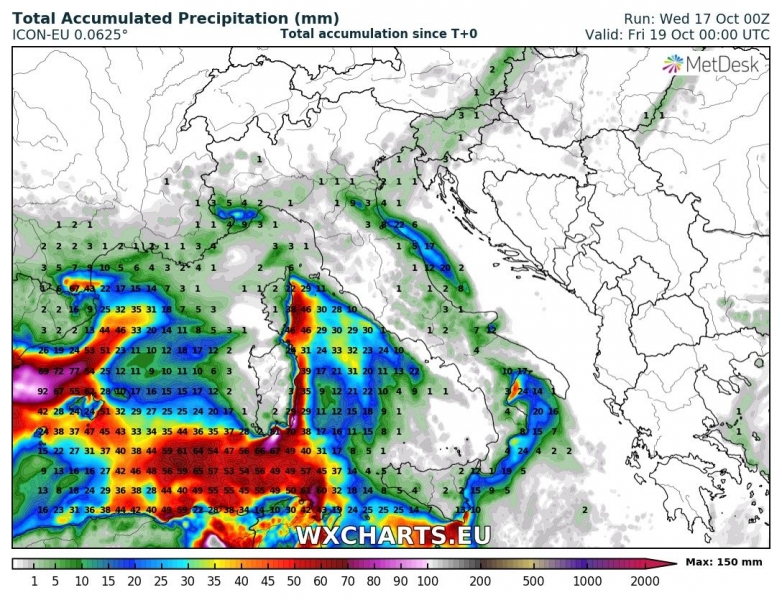 previsioni meteo mediterraneo 19 ottobre precipitazioni totali sardegna sud italia