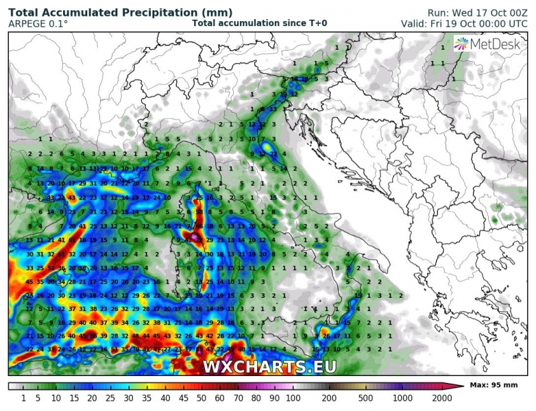 previsioni meteo mediterraneo 19 ottobre precipitazioni totali sardegna sud italia