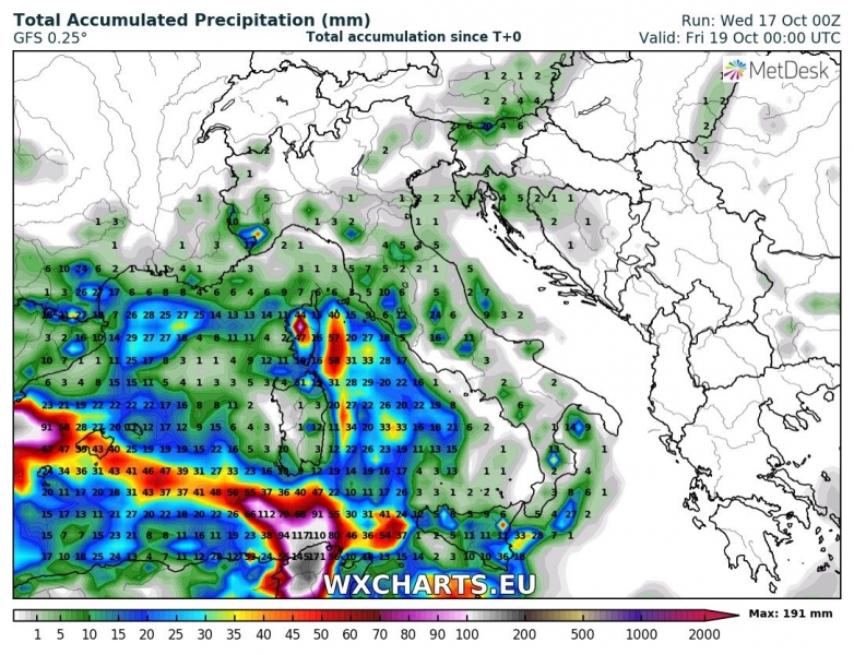 previsioni meteo mediterraneo 19 ottobre precipitazioni totali sardegna sud italia