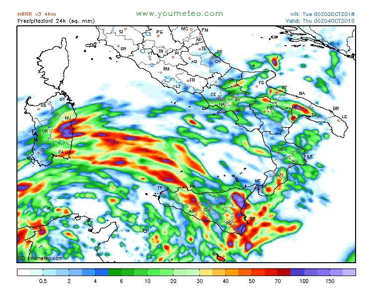 previsioni meteo mediterraneo 4 ottobre precipitazioni totali