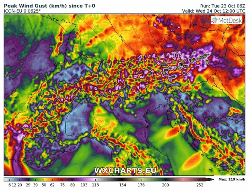 previsioni meteo venti massimi nord italia