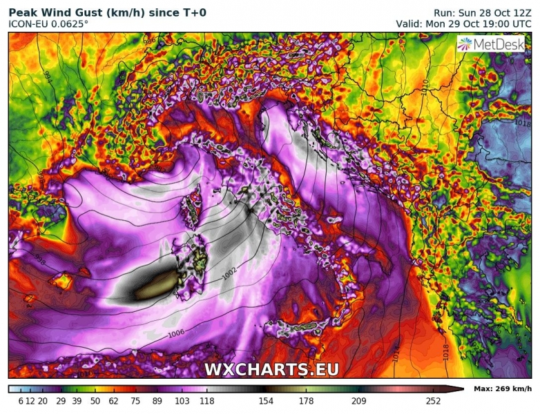 tempesta vento sardegna 29 ottobre venti massimi