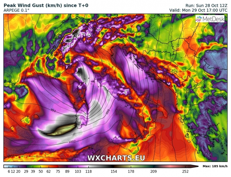 tempesta vento sardegna 29 ottobre venti massimi
