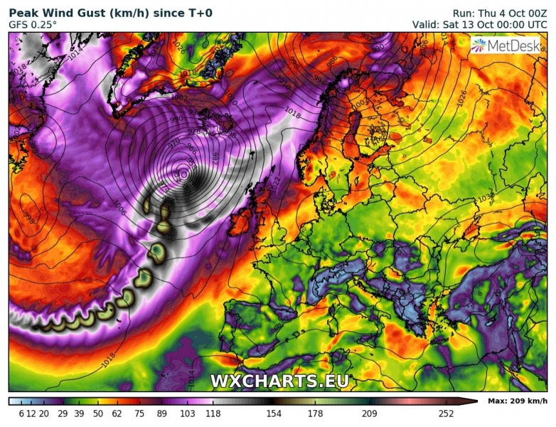 uragano leslie europa 13 ottobre venti massimi