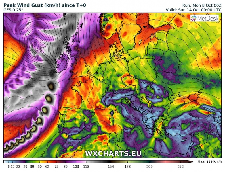 uragano leslie europa 14 ottobre venti massimi 3