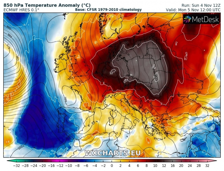 caldo est europa 5 novembre anomalia termica