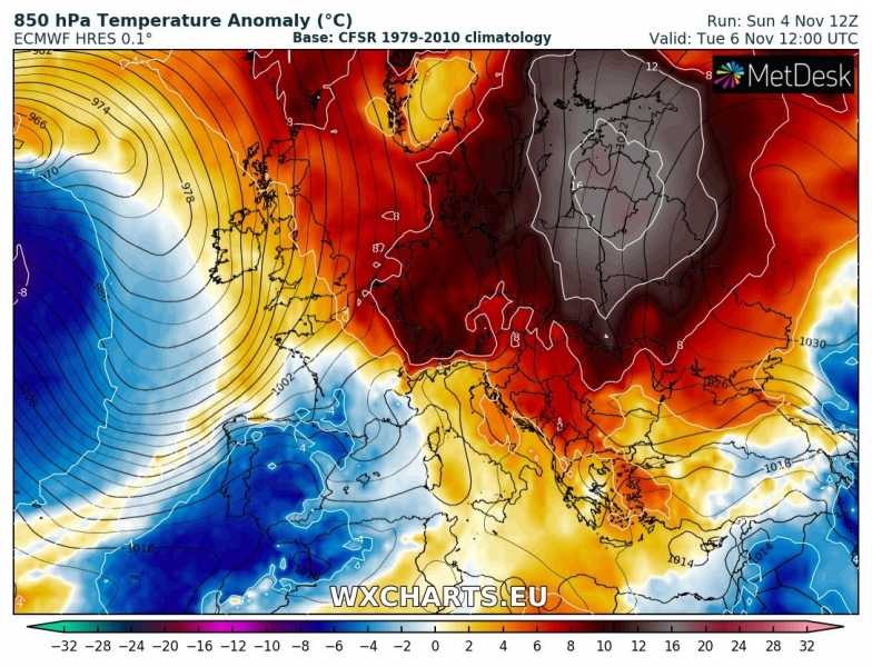 caldo est europa 6 novembre anomalia termica