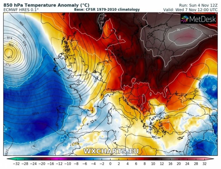 caldo est europa 7 novembre anomalia termica