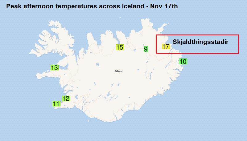 caldo islanda temperature 17 novembre