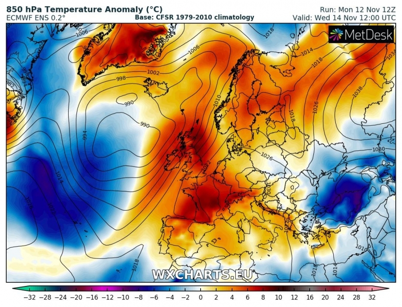 previsioni meteo europa 14 novembre anomalia termica