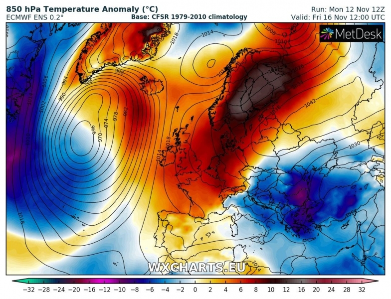 previsioni meteo europa 16 novembre anomalia termica