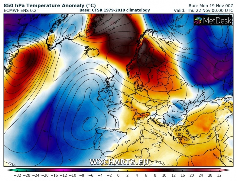 previsioni meteo europa 22 novembre anomalia termica