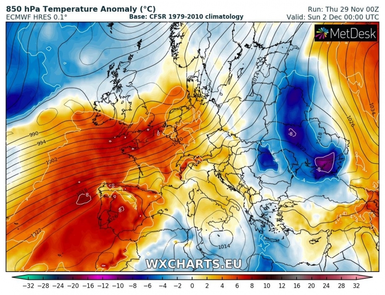 previsioni meteo europa caldo 2 dicembre anomalia termica
