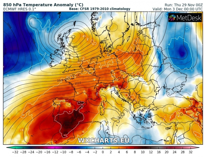 previsioni meteo europa caldo 3 dicembre anomalia termica