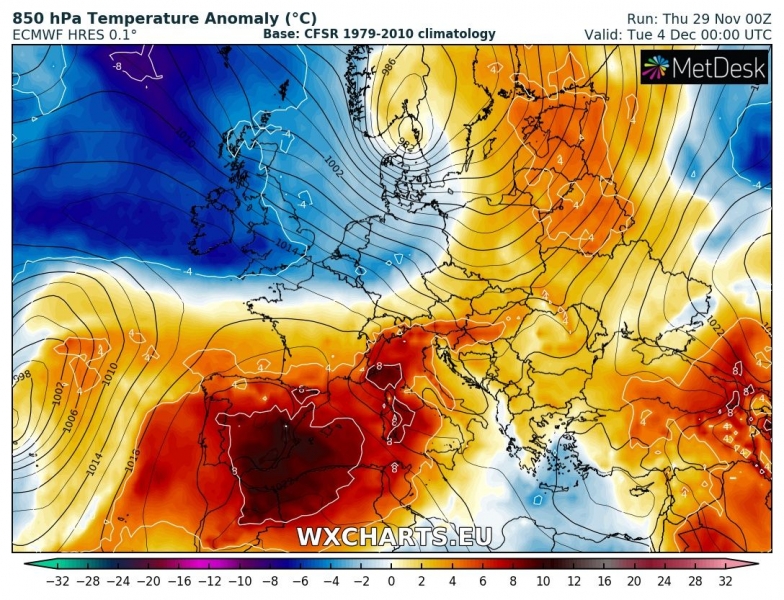 previsioni meteo europa caldo 4 dicembre anomalia termica