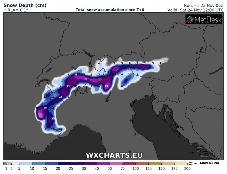 previsioni neve alpi 24 novembre