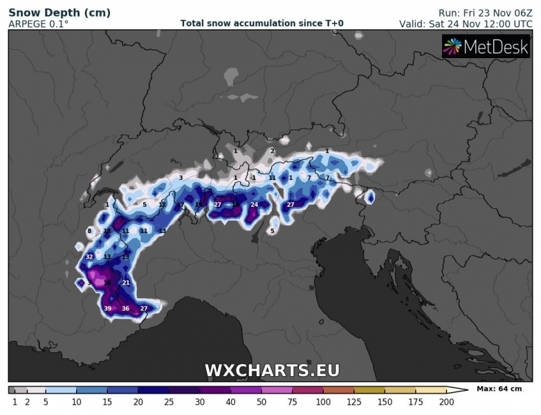 previsioni neve alpi 24 novembre