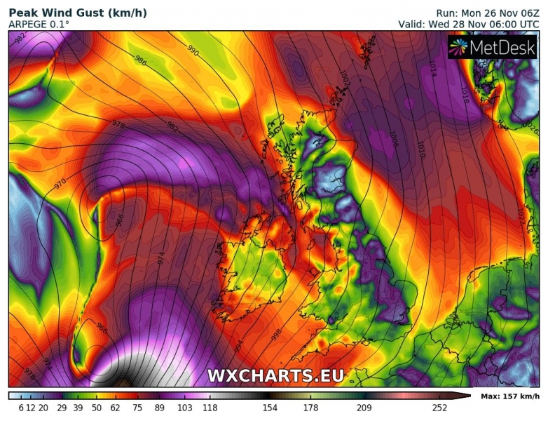 tempesta di vento diana regno unito irlanda 28 novembre venti massimi