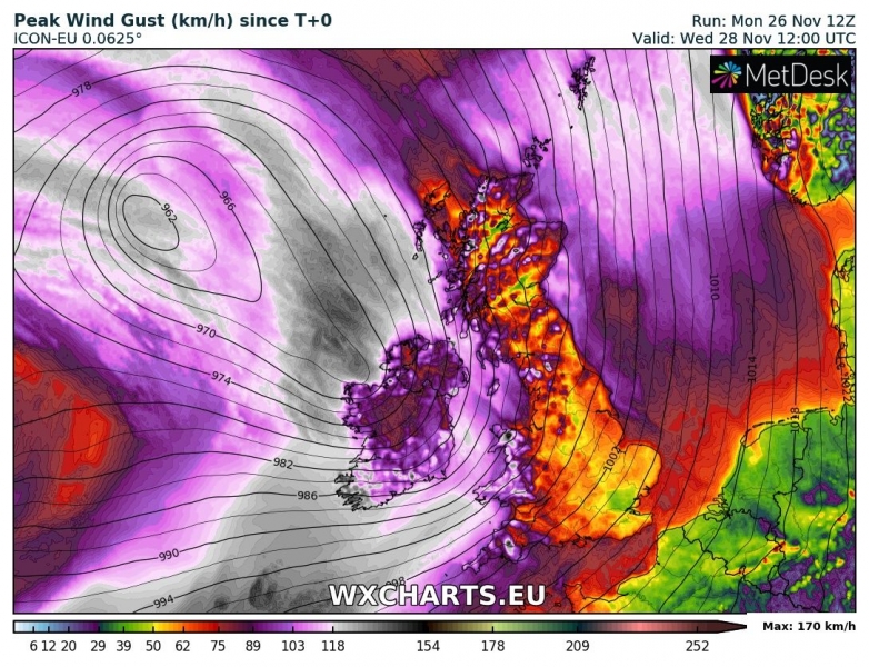 tempesta di vento diana regno unito irlanda 28 novembre venti massimi