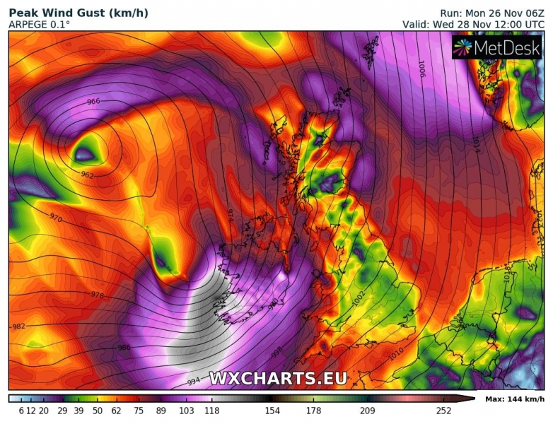 tempesta di vento diana regno unito irlanda 28 novembre venti massimi