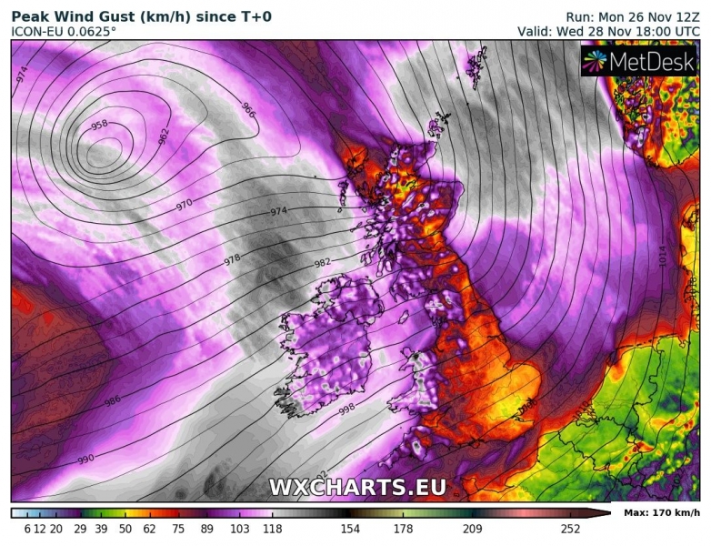 tempesta di vento diana regno unito irlanda 28 novembre venti massimi
